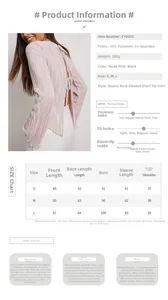 Detailed size chart for pleated flare sleeve shirt including S, M, L measurements in CM