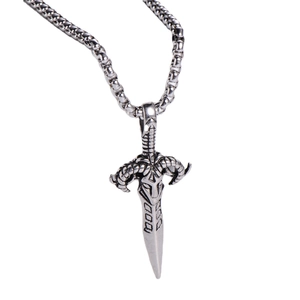 Vintage silver ram head sword pendant necklace with stainless steel box chain for men