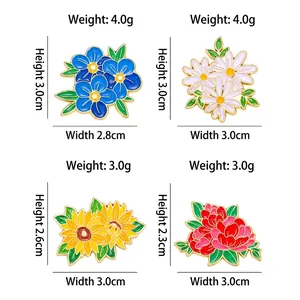 Floral enamel pins featuring blue peony and sunflower with detailed dimensions shown