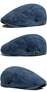 Détail d'une casquette en denim avec boucle métallique vintage et texture en sergé