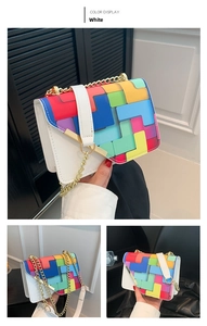 Detailed views of the white leather chain bag with colorful geometric puzzle patterns