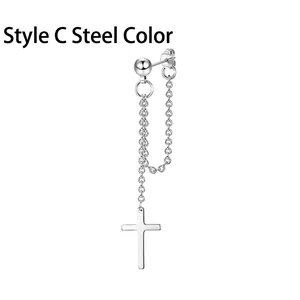 Detail view of Style C steel earring with cross pendant, double chain, and stud ball