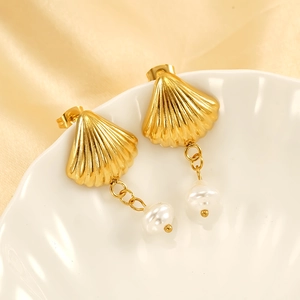 Shell Artificial Pearl Dangle Earrings 18K Gold Plated Stainless Steel Vintage Elegant Textured Ocean Jewelry Women