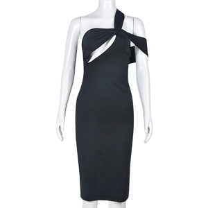 Detail of black one-shoulder dress with sexy asymmetric cutout and slim fit cut