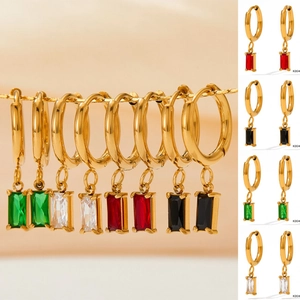Boucles D'oreilles Créoles En Acier Inoxydable Avec Pendentif En Zircon Rectangulaire Rétro Pour Femmes
