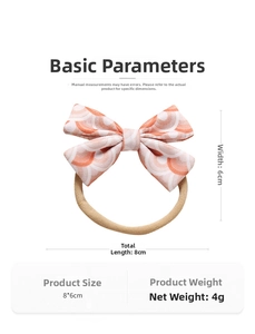 Detailed size view of a floral bow nylon headband with 8cm length and 6cm bow width
