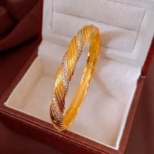Twisted Bangle Bracelet Gold Plated Copper With Zircon Vintage Spiral Elegant Retro Jewelry For Women