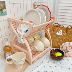 Pink double-tier dish drying rack for kitchen counter with utensil storage