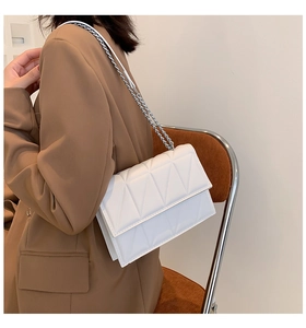 Close-up of a white quilted crossbody bag with silver chain strap worn with a blazer