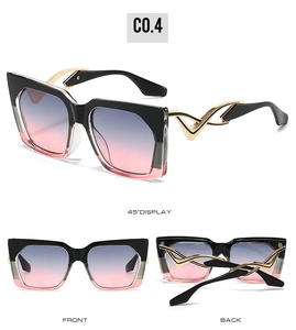 Three-view display of square gradient sunglasses with wavy gold metal temples