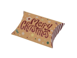 Close-up of brown kraft Christmas pillow box featuring red Merry Christmas print and patterns