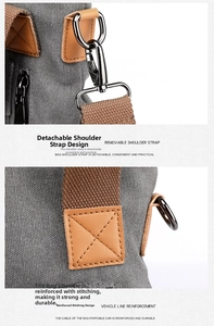 Detail of grey canvas bag showing reinforced stitching and metal D-ring attachment