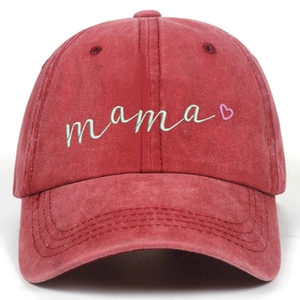 Vintage washed red cotton baseball cap with blue mama embroidery and pink heart