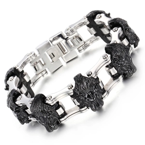 Mens stainless steel wolf head bike chain bracelet in silver and black industrial style