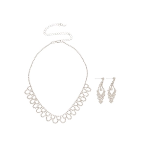 Luxury silver-tone bow necklace and earrings set with sparkling rhinestones on white background