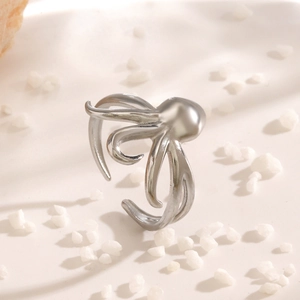 Polished silver octopus ring with adjustable open design for ocean themed beach fashion