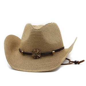 Detail of woven straw fedora with dark brown band and metal floral ornament buckle