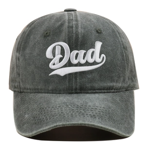 Close-up of white 'Dad' embroidery on washed dark grey cotton canvas baseball cap