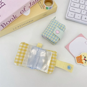 Mini checkered fabric pocket photo album with heart button and PVC sleeves for cards