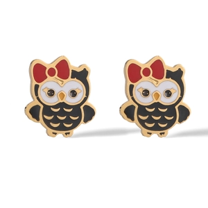Cute cartoon owl stud earrings with red bow in 18K gold plated stainless steel