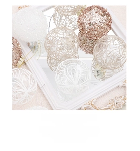 Detail of 8cm clear painted Christmas balls with white lace and rose gold glitter patterns