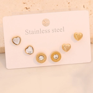 Three-pair gold stainless steel earring set featuring heart shapes and Roman numerals