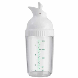 Detail of transparent squeeze bottle with dual scale markings in ml and oz units