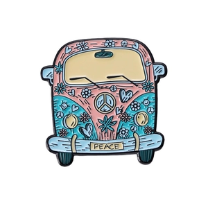 Colorful cartoon heart flower travel bus metal badge with peace sign design