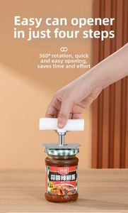 Detail showing the manual stainless steel jar opener rotating to open a glass lid