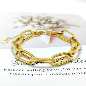 Vintage gold double-layered titanium steel bracelet with paperclip chain and matte finish