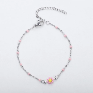 Detail of pink daisy pendant on a silver beaded chain with adjustable lobster clasp