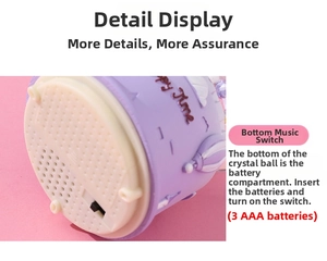 Detail of music box base featuring battery compartment and Happy Time text decoration