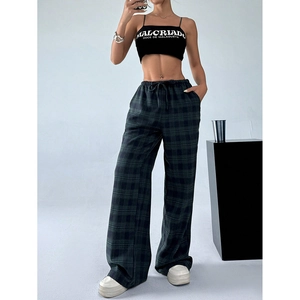 Women's plaid wide-leg trousers in dark green and black with drawstring waist