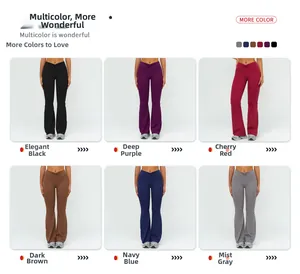 V-waist yoga flare pants shown in six colors including black, purple, red, and navy blue