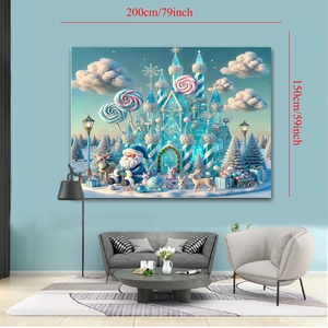 Detail showing 200x150cm Christmas tapestry dimensions featuring candy castle graphics