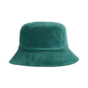 Close-up of deep green corduroy bucket hat texture and reinforced brim stitching