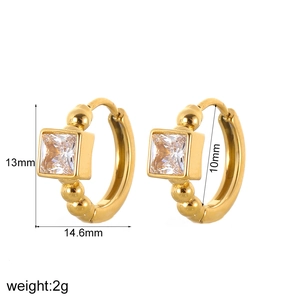Detailed view of gold square zircon hoop earrings with precise size dimensions shown