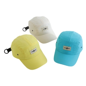 Three quick-dry camper hats in cream, yellow, and blue with adjustable strap and bear logo