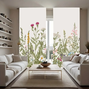 Detail of decorative window curtains featuring colorful botanical flower illustrations