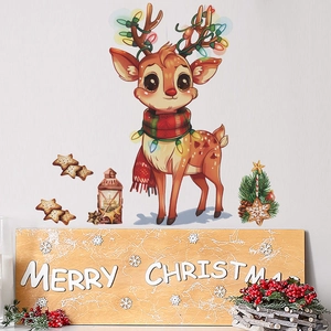 Festive Christmas wall sticker with cartoon reindeer, warm lights and holiday decorations