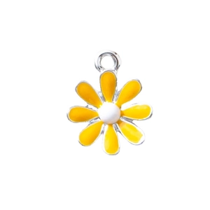 Daisy flower charm with yellow petals and white center in silver metal frame