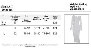 Detailed size guide table for this long sleeve slim fit knit dress with measurements