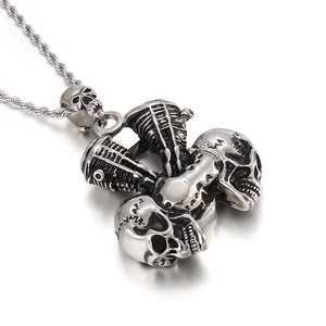 Gothic stainless steel motorcycle engine pendant with twin skulls and twisted chain necklace