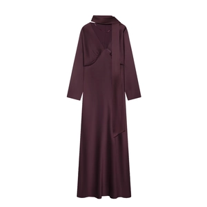 Elegantes Satin Maxikleid Langarm Schal V Ausschnitt Einfarbig Hohe Taille Seidiger Stoff Party Anlass Damen