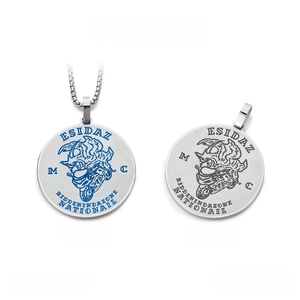 Detail view of round punk motorcycle pendants showing reflective effect and dimensions