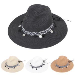 Straw Fedora Hat Paper Bohemian Ethnic Tassel Coin Wide Brim Sun Protection Breathable Beach Vacation For Women Men