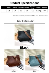 Three-color vintage tote bags with leopard print strap and product specifications detail