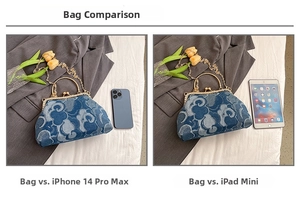 Size comparison of denim kiss-lock bag with iPhone and iPad mini showing compact scale