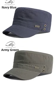 Detail of navy blue and army green cotton flat top caps with metal air vents and sports plate