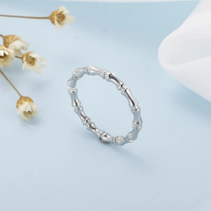 Macro detail of silver bamboo joint open ring on light blue background with dried flowers